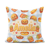 Custom Name Kawaii Burger Hotdog Fast Food Seamless Pattern Blue Square Filled Cushion Throw Pillow Sofa Bed Home Decor Zip Washable UK Made