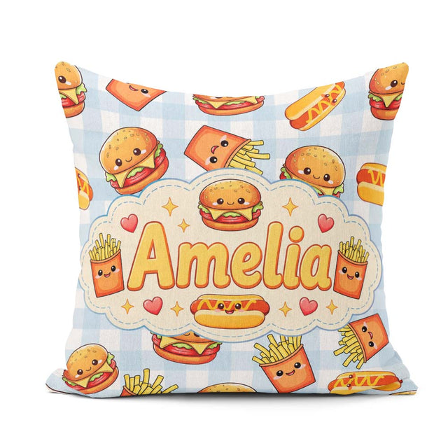 Custom Name Kawaii Burger Hotdog Fast Food Seamless Pattern Blue Square Filled Cushion Throw Pillow Sofa Bed Home Decor Zip Washable UK Made