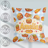 Custom Name Kawaii Burger Hotdog Fast Food Seamless Pattern Blue Square Filled Cushion Throw Pillow Sofa Bed Home Decor Zip Washable UK Made