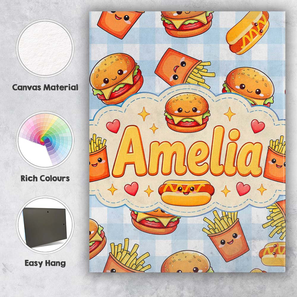 Personalised Name Kawaii Burger Fries Custom Modern Room Accent Creative Decorator Style Canvas Wall Art Print Decor Picture Ready to Hang
