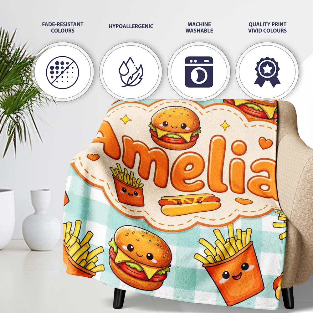 Kawaii Burger Fries Hotdog Fast Food Seamless Pattern Mint Gingham  Personalised Custom Name Super Soft Fleece Blanket Bed Sofa Throw