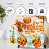 Kawaii Burger Fries Hotdog Fast Food Seamless Pattern Mint Gingham  Personalised Custom Name Super Soft Fleece Blanket Bed Sofa Throw