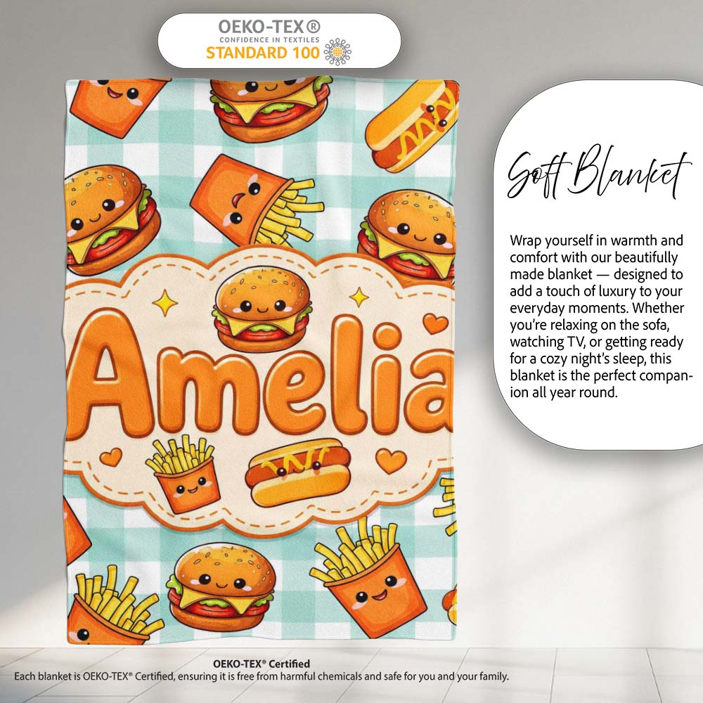 Kawaii Burger Fries Hotdog Fast Food Seamless Pattern Mint Gingham  Personalised Custom Name Super Soft Fleece Blanket Bed Sofa Throw