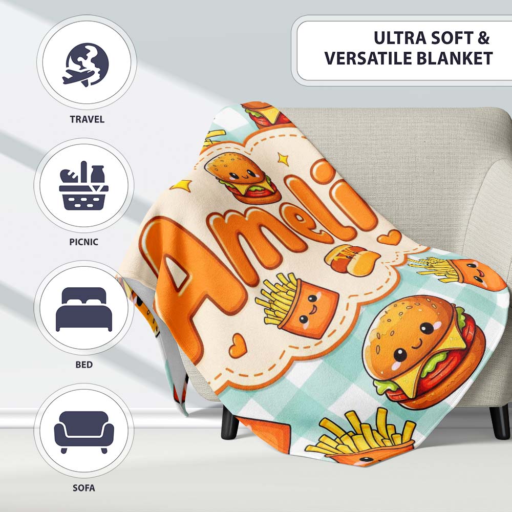 Kawaii Burger Fries Hotdog Fast Food Seamless Pattern Mint Gingham  Personalised Custom Name Super Soft Fleece Blanket Bed Sofa Throw