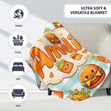 Kawaii Burger Fries Hotdog Fast Food Seamless Pattern Mint Gingham  Personalised Custom Name Super Soft Fleece Blanket Bed Sofa Throw