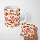 Personalized Custom Name Kawaii Burger Fries Hotdog Fast Food Seamless Pattern Pink Gingham 11oz Ceramic Coffee Tea Mug White Large Handle