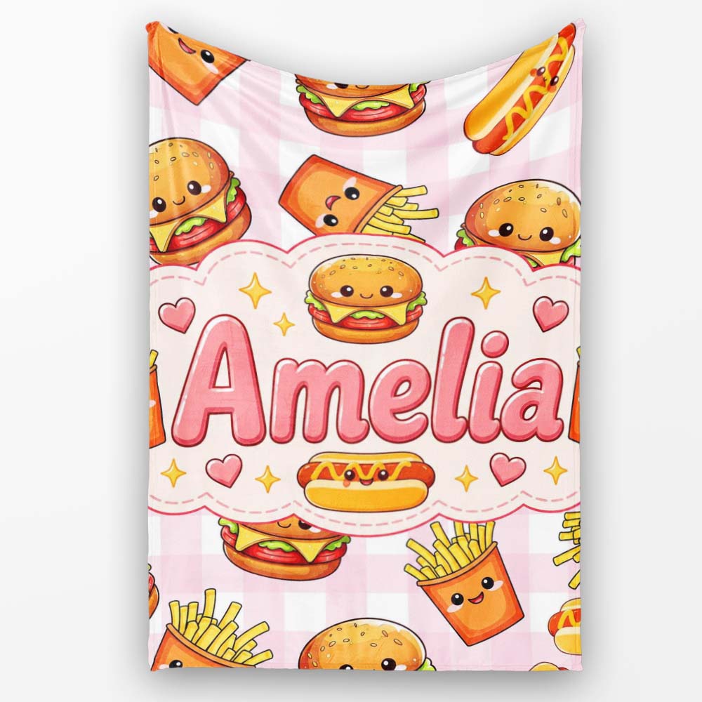 Kawaii Burger Fries Hotdog Fast Food Seamless Pattern Pink Gingham  Personalised Custom Name Super Soft Fleece Blanket Bed Sofa Throw