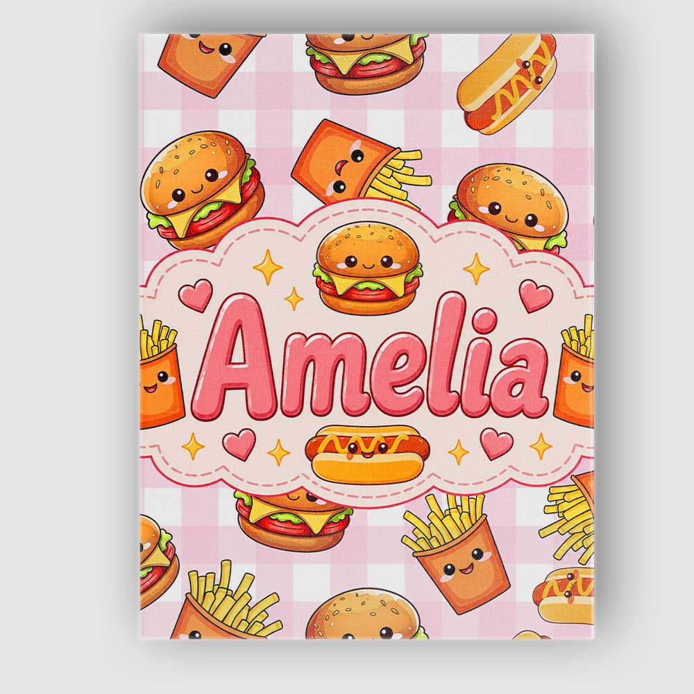 Personalised Name Kawaii Burger Fries Custom Modern Room Accent Creative Decorator Style Canvas Wall Art Print Decor Picture Ready to Hang