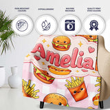 Kawaii Burger Fries Hotdog Fast Food Seamless Pattern Pink Gingham  Personalised Custom Name Super Soft Fleece Blanket Bed Sofa Throw