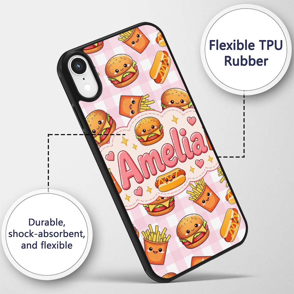 Kawaii Burger Fries Hotdog Fast Food Seamless Custom Name Protective Phone Case Mobile Cover Durable Everyday Smartphone Shock Resistant
