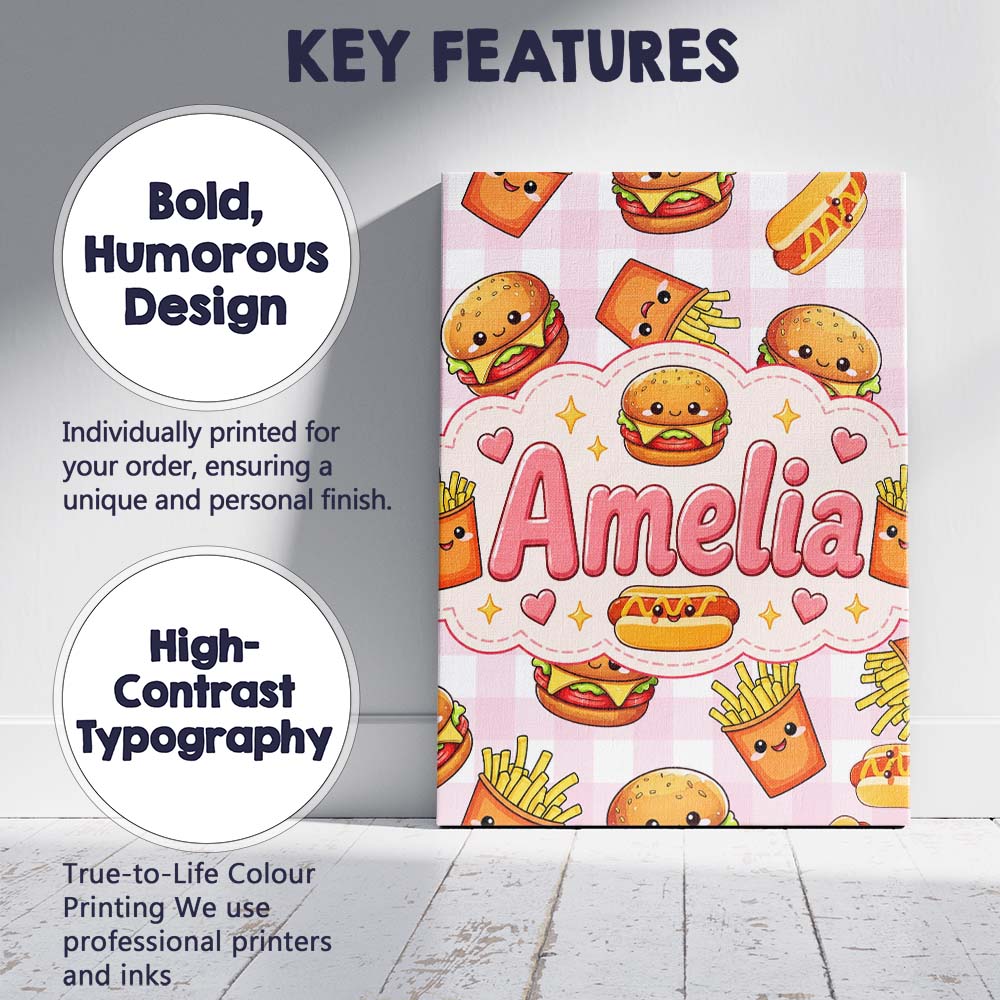 Personalised Name Kawaii Burger Fries Custom Modern Room Accent Creative Decorator Style Canvas Wall Art Print Decor Picture Ready to Hang