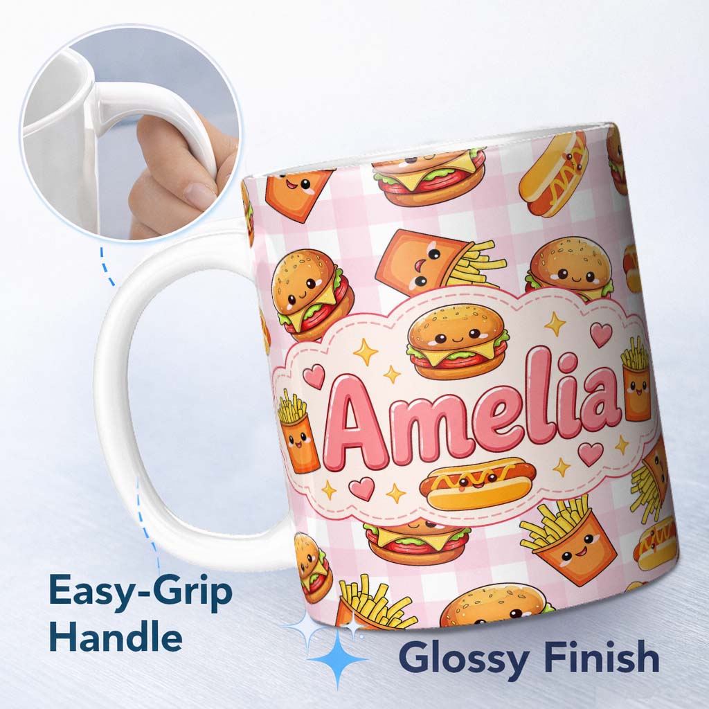 Personalized Custom Name Kawaii Burger Fries Hotdog Fast Food Seamless Pattern Pink Gingham 11oz Ceramic Coffee Tea Mug White Large Handle