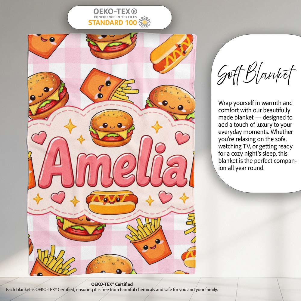Kawaii Burger Fries Hotdog Fast Food Seamless Pattern Pink Gingham  Personalised Custom Name Super Soft Fleece Blanket Bed Sofa Throw