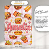 Kawaii Burger Fries Hotdog Fast Food Seamless Pattern Pink Gingham  Personalised Custom Name Super Soft Fleece Blanket Bed Sofa Throw