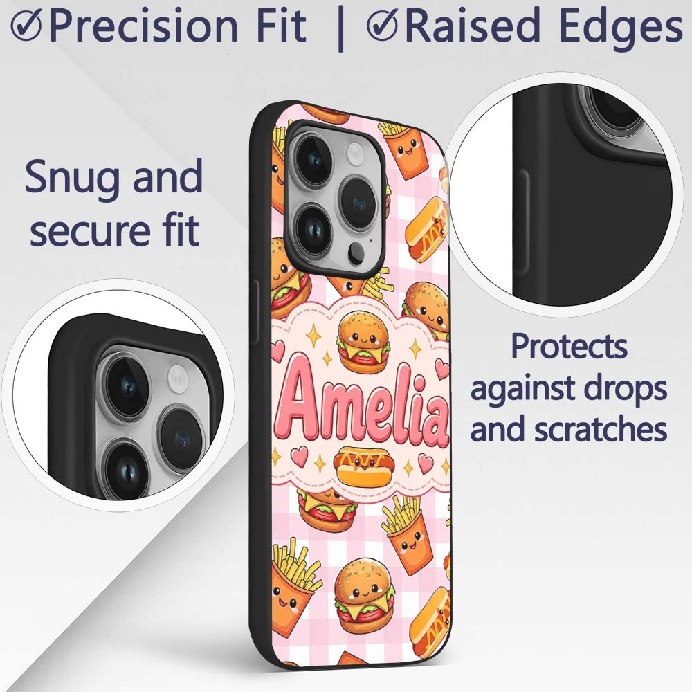 Kawaii Burger Fries Hotdog Fast Food Seamless Custom Name Protective Phone Case Mobile Cover Durable Everyday Smartphone Shock Resistant