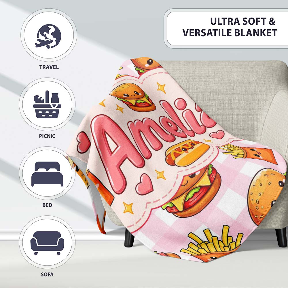 Kawaii Burger Fries Hotdog Fast Food Seamless Pattern Pink Gingham  Personalised Custom Name Super Soft Fleece Blanket Bed Sofa Throw