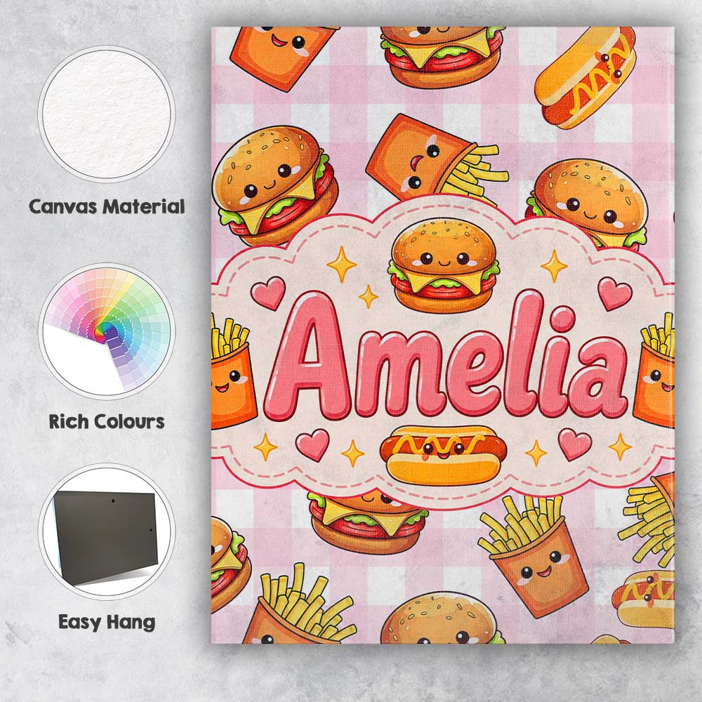 Personalised Name Kawaii Burger Fries Custom Modern Room Accent Creative Decorator Style Canvas Wall Art Print Decor Picture Ready to Hang