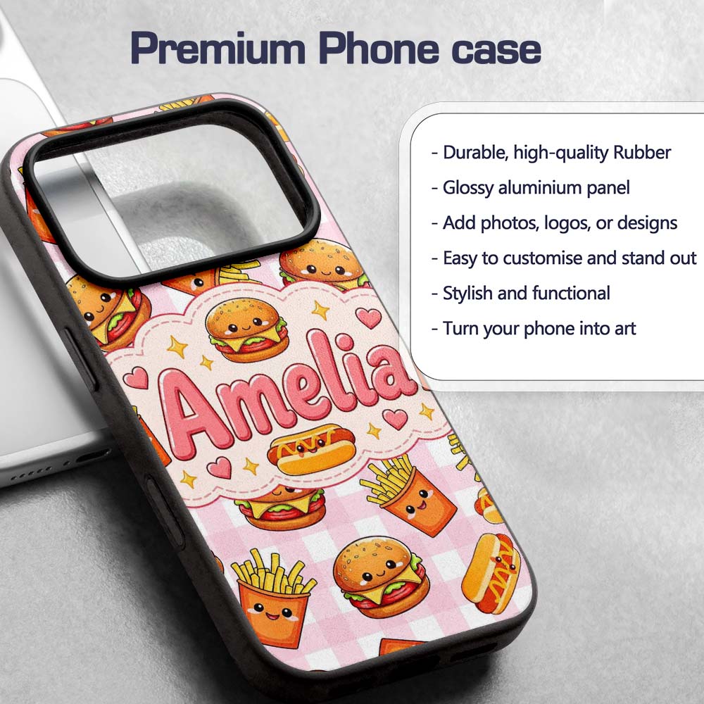 Kawaii Burger Fries Hotdog Fast Food Seamless Custom Name Protective Phone Case Mobile Cover Durable Everyday Smartphone Shock Resistant