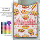 Kawaii Burger Fries Hotdog Fast Food Seamless Pattern Pink Gingham  Personalised Custom Name Super Soft Fleece Blanket Bed Sofa Throw