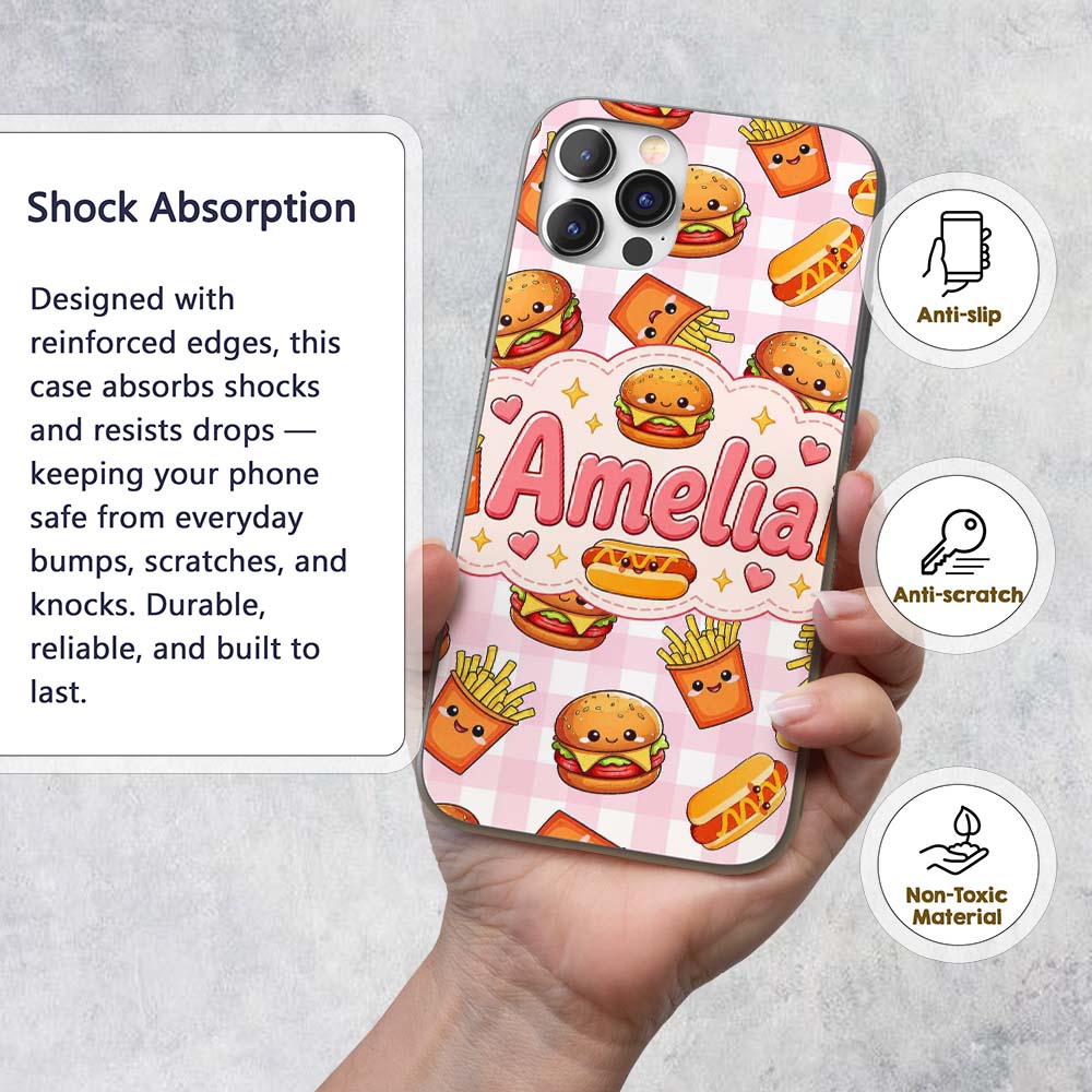 Kawaii Burger Fries Hotdog Fast Food Seamless Custom Name Protective Phone Case Mobile Cover Durable Everyday Smartphone Shock Resistant