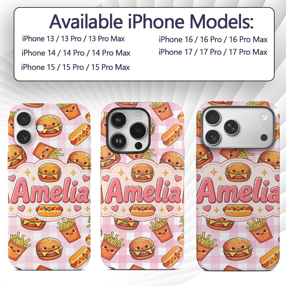 Kawaii Burger Fries Hotdog Fast Food Seamless Custom Name Protective Phone Case Mobile Cover Durable Everyday Smartphone Shock Resistant