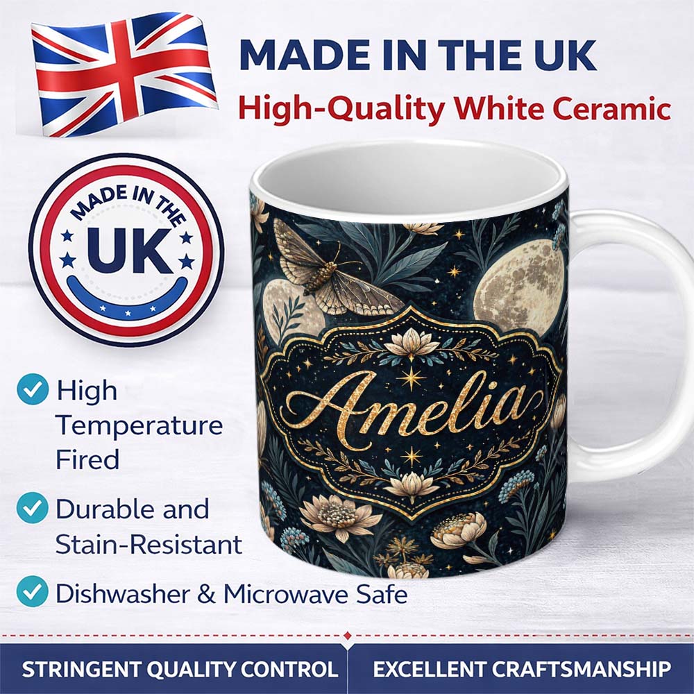Personalized Custom Name Celestial Moth Full Moon Floral Night Seamless Pattern Lovely 11oz Ceramic Coffee Tea Mug White Large Handle