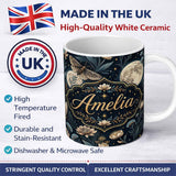 Personalized Custom Name Celestial Moth Full Moon Floral Night Seamless Pattern Lovely 11oz Ceramic Coffee Tea Mug White Large Handle