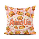 Custom Name Kawaii Burger Fries Hotdog Fast Seamless Pattern Red Square Filled Cushion Throw Pillow Sofa Bed Home Decor Zip Washable UK Made
