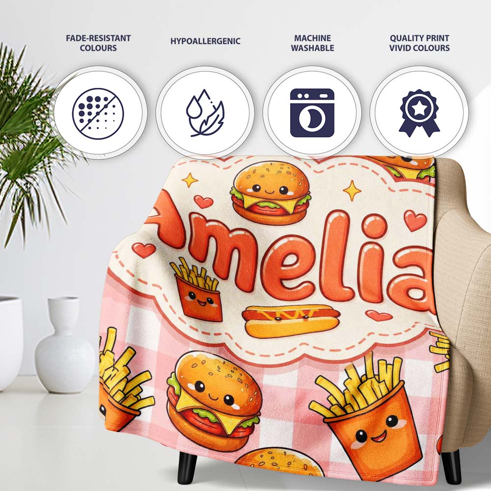 Kawaii Burger Fries Hotdog Fast Food Seamless Pattern Red Gingham  Personalised Custom Name Super Soft Fleece Blanket Bed Sofa Throw