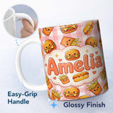 Personalized Custom Name Kawaii Burger Fries Hotdog Fast Food Seamless Pattern Red Gingham 11oz Ceramic Coffee Tea Mug White Large Handle