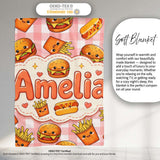 Kawaii Burger Fries Hotdog Fast Food Seamless Pattern Red Gingham  Personalised Custom Name Super Soft Fleece Blanket Bed Sofa Throw
