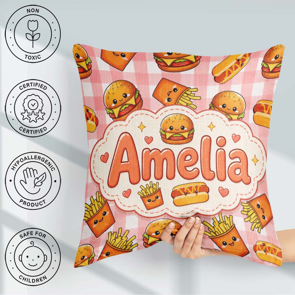 Custom Name Kawaii Burger Fries Hotdog Fast Seamless Pattern Red Square Filled Cushion Throw Pillow Sofa Bed Home Decor Zip Washable UK Made