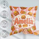 Custom Name Kawaii Burger Fries Hotdog Fast Seamless Pattern Red Square Filled Cushion Throw Pillow Sofa Bed Home Decor Zip Washable UK Made