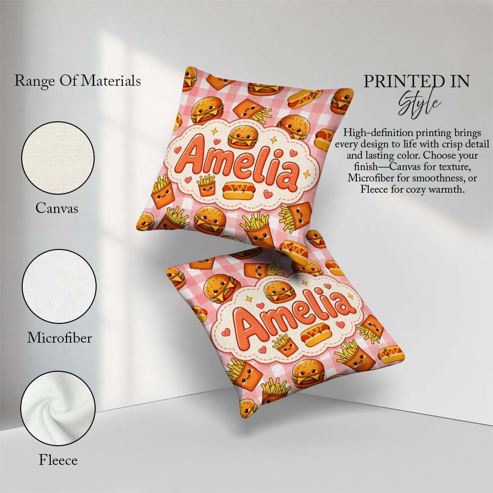 Custom Name Kawaii Burger Fries Hotdog Fast Seamless Pattern Red Square Filled Cushion Throw Pillow Sofa Bed Home Decor Zip Washable UK Made