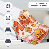 Kawaii Burger Fries Hotdog Fast Food Seamless Pattern Red Gingham  Personalised Custom Name Super Soft Fleece Blanket Bed Sofa Throw