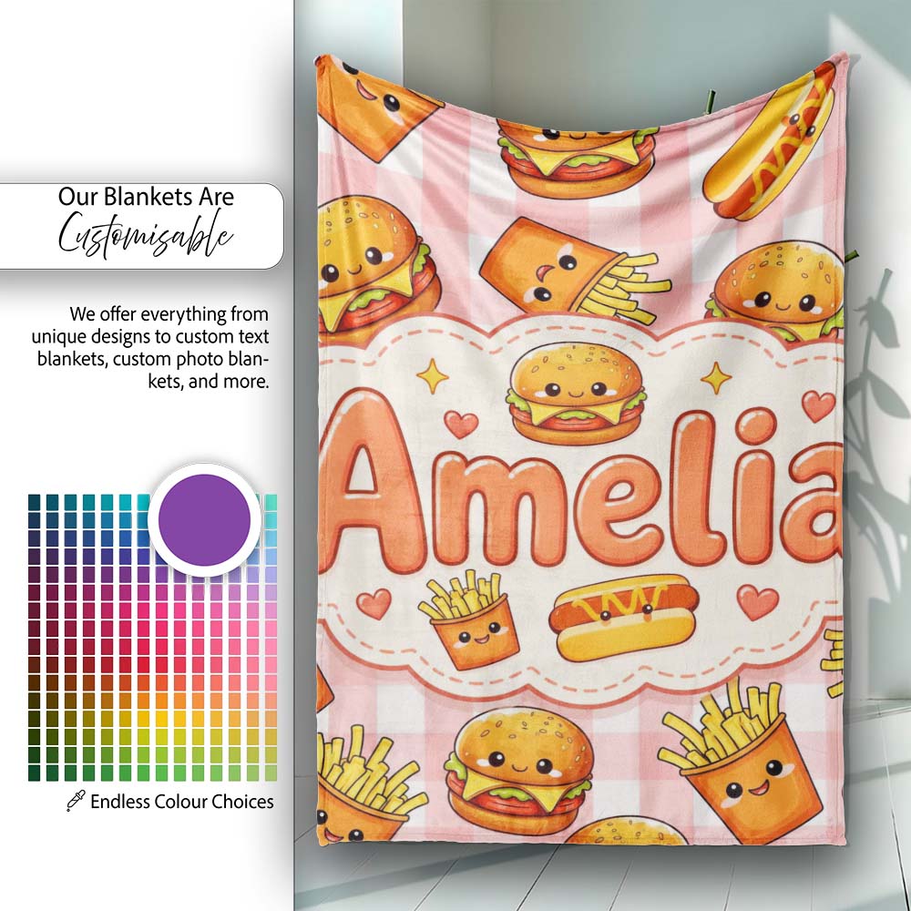 Kawaii Burger Fries Hotdog Fast Food Seamless Pattern Red Gingham  Personalised Custom Name Super Soft Fleece Blanket Bed Sofa Throw