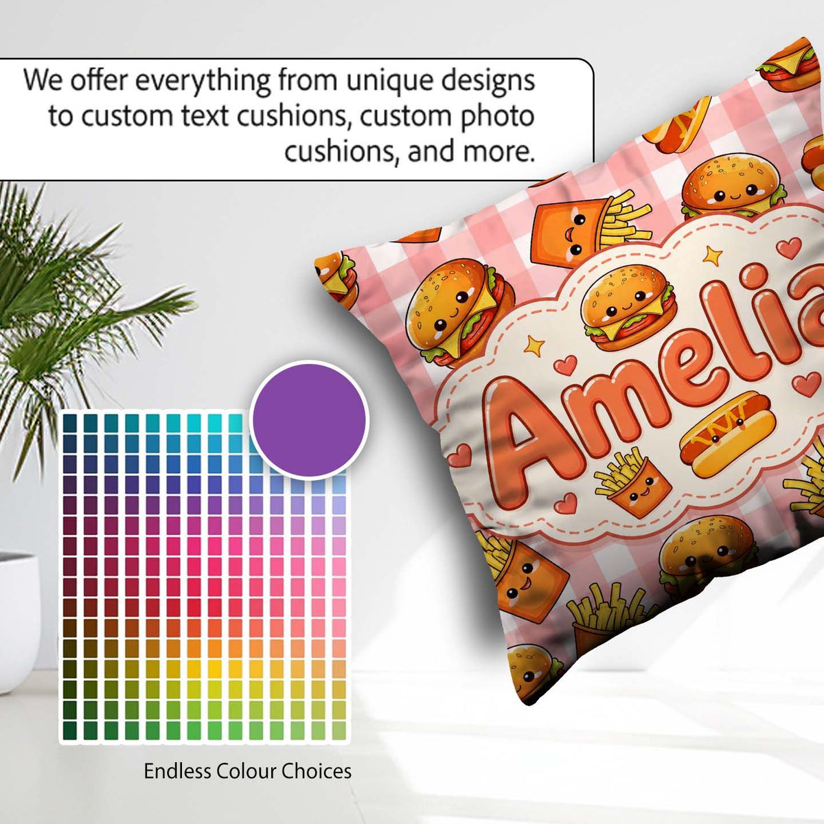 Custom Name Kawaii Burger Fries Hotdog Fast Seamless Pattern Red Square Filled Cushion Throw Pillow Sofa Bed Home Decor Zip Washable UK Made