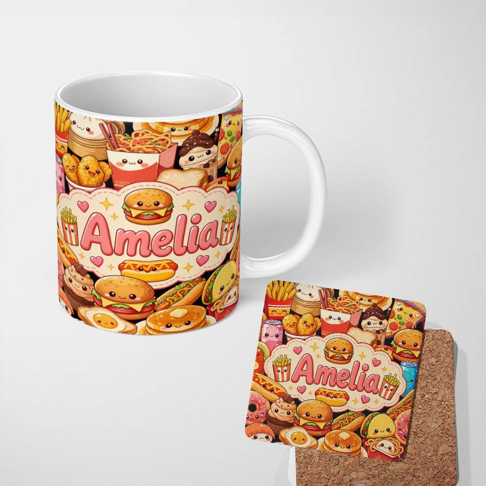 Personalized Custom Name Cute Kawaii Fast Food Junk Snack Collage Seamless Pattern Black 11oz Ceramic Coffee Tea Mug White Large Handle