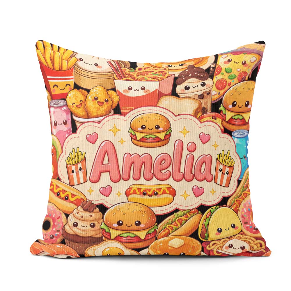 Custom Name Kawaii Fast Food Junk Snack Collage Seamless Pattern Square Filled Cushion Throw Pillow Sofa Bed Home Decor Zip Washable UK Made