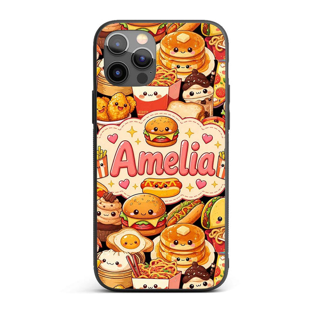 Cute Kawaii Fast Food Junk Snack Collage Seamless Custom Name Protective Phone Case Mobile Cover Durable Everyday Smartphone Shock Resistant