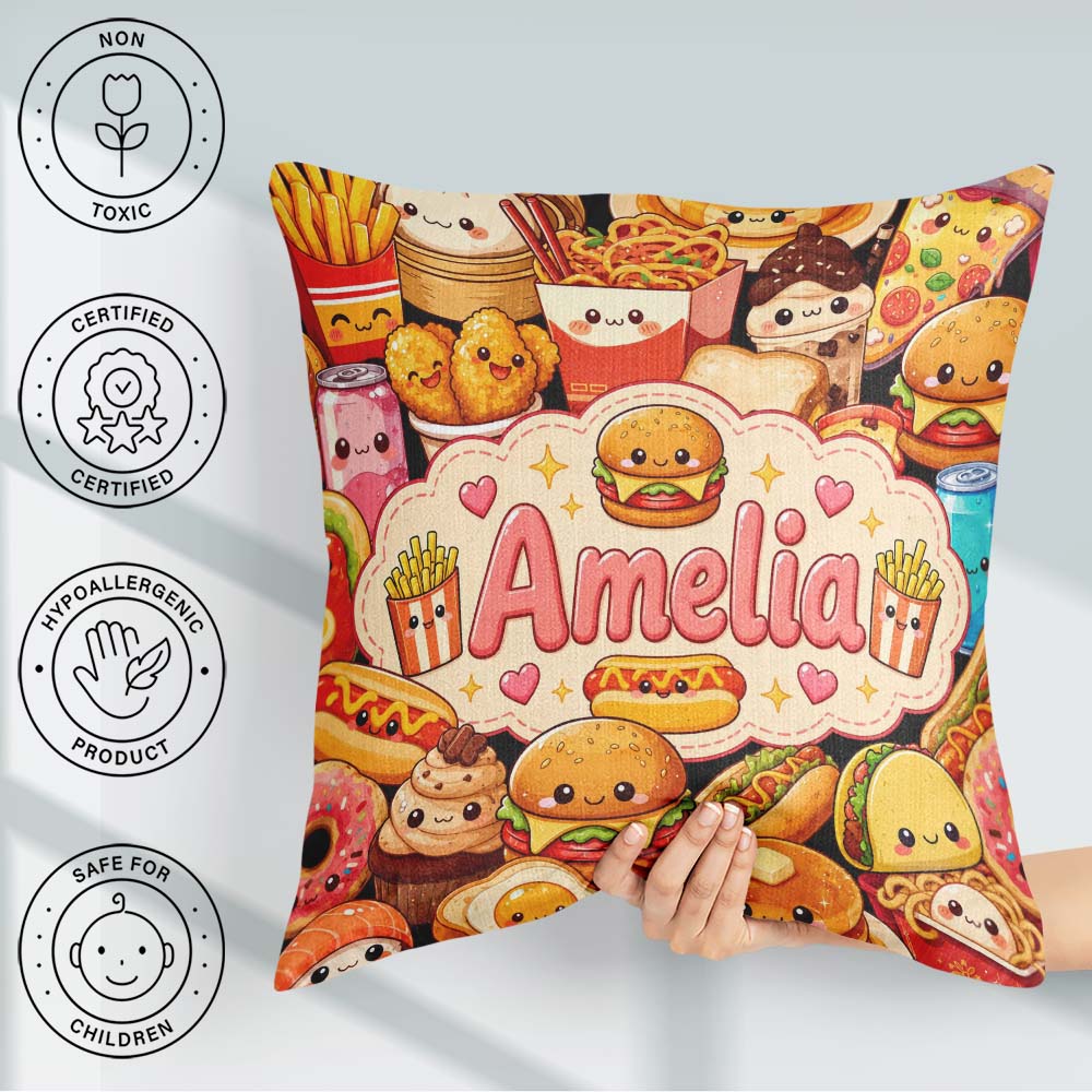 Custom Name Kawaii Fast Food Junk Snack Collage Seamless Pattern Square Filled Cushion Throw Pillow Sofa Bed Home Decor Zip Washable UK Made