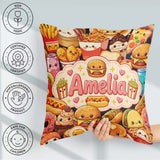 Custom Name Kawaii Fast Food Junk Snack Collage Seamless Pattern Square Filled Cushion Throw Pillow Sofa Bed Home Decor Zip Washable UK Made
