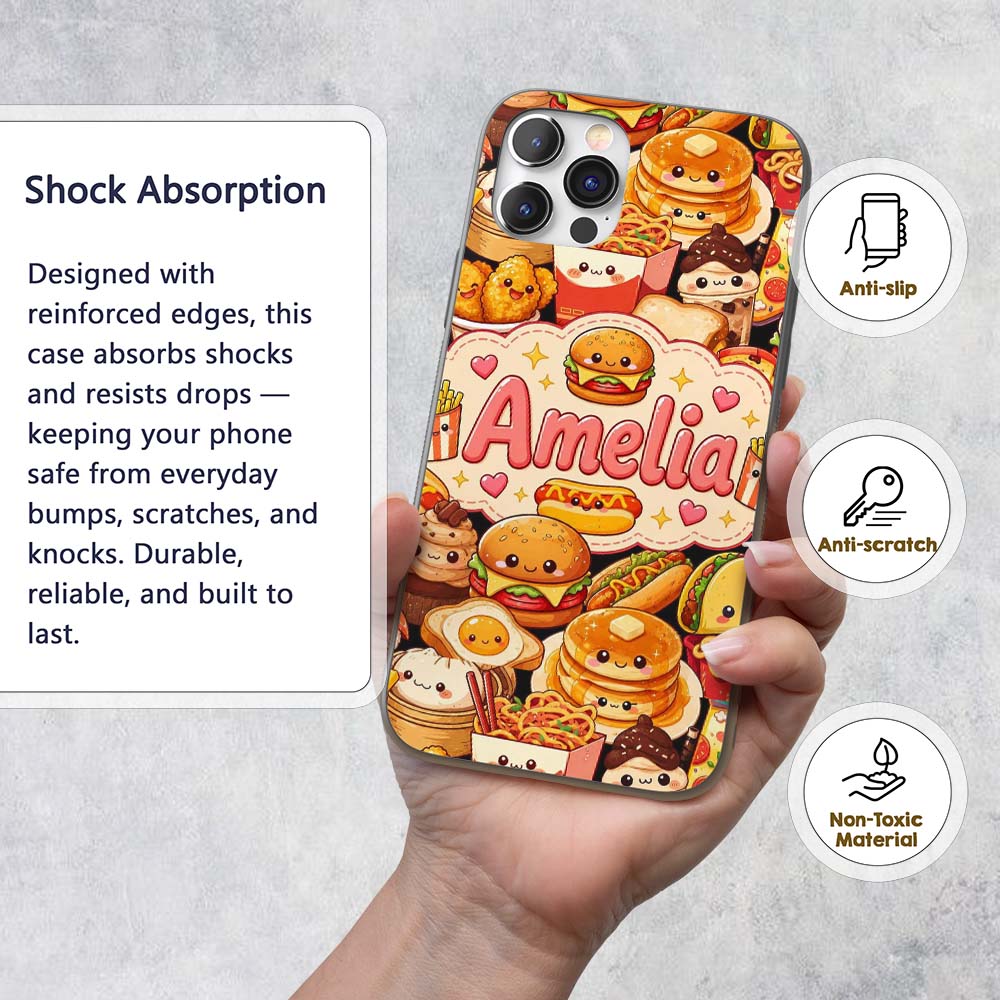 Cute Kawaii Fast Food Junk Snack Collage Seamless Custom Name Protective Phone Case Mobile Cover Durable Everyday Smartphone Shock Resistant