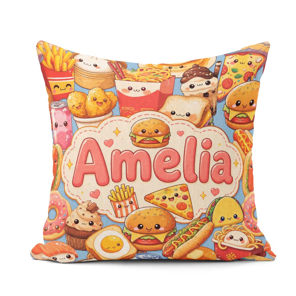Custom Name Kawaii Fast Food Junk Collage Seamless Pattern Blue Square Filled Cushion Throw Pillow Sofa Bed Home Decor Zip Washable UK Made