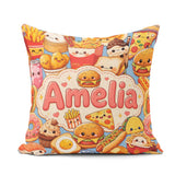 Custom Name Kawaii Fast Food Junk Collage Seamless Pattern Blue Square Filled Cushion Throw Pillow Sofa Bed Home Decor Zip Washable UK Made