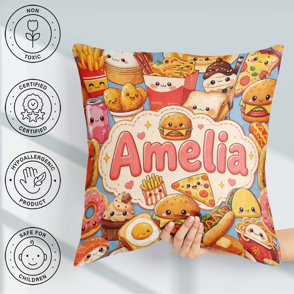 Custom Name Kawaii Fast Food Junk Collage Seamless Pattern Blue Square Filled Cushion Throw Pillow Sofa Bed Home Decor Zip Washable UK Made