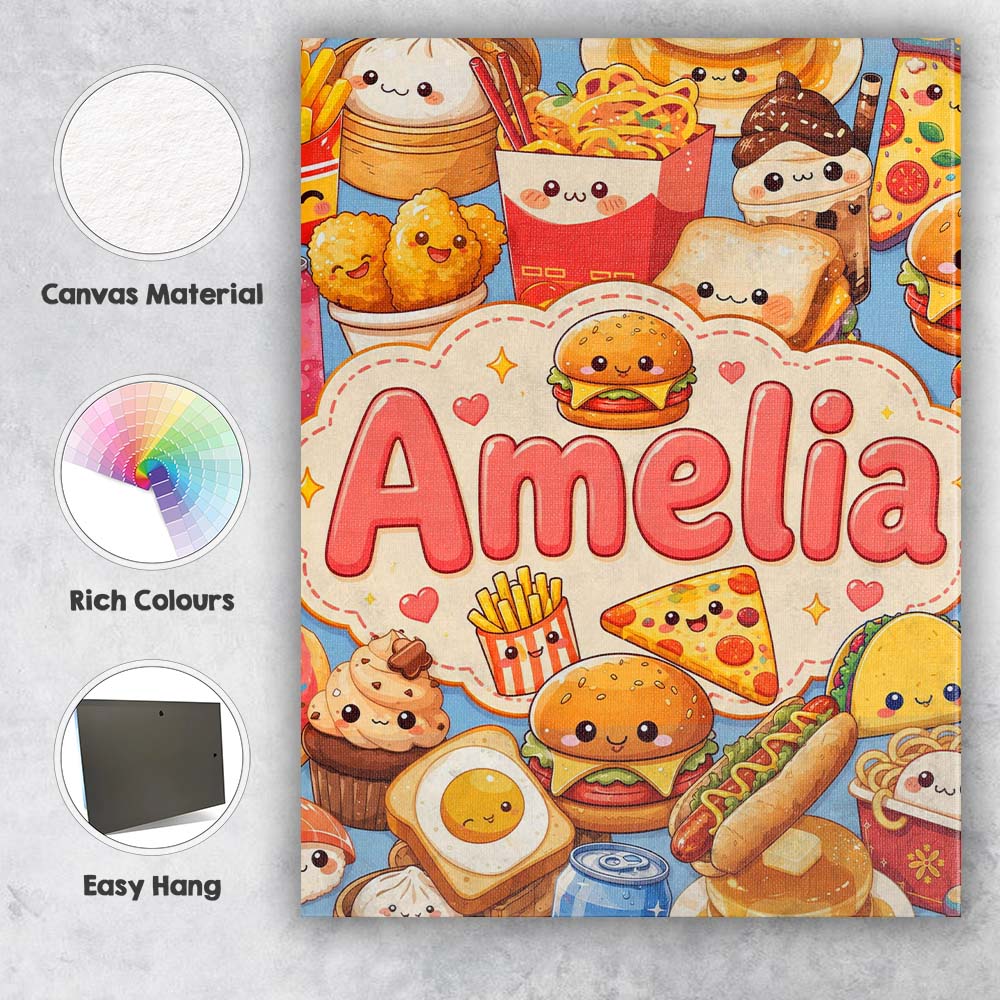 Personalised Name Cute Kawaii Fast Food Custom  Modern Room Accent Elegant Feature Canvas Wall Art Print Decor Picture Ready to Hang