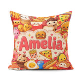 Custom Name Kawaii Fast Food Snacks Collage Seamless Pattern Red Square Filled Cushion Throw Pillow Sofa Bed Home Decor Zip Washable UK Made