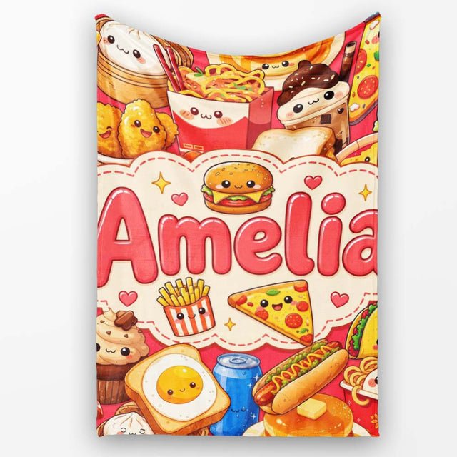 Cute Kawaii Fast Food Junk Snacks Collage Seamless Pattern Red  Personalised Custom Name Super Soft Fleece Blanket Bed Sofa Throw