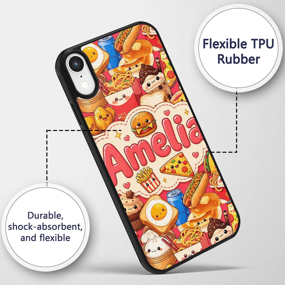 Cute Kawaii Fast Food Junk Snacks Printed Design Custom Name Protective Phone Case Mobile Cover Durable Everyday Smartphone Shock Resistant